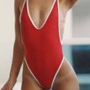 Red & White High-Cut One Piece Swimsuit LG Retro Monokini Bold Style